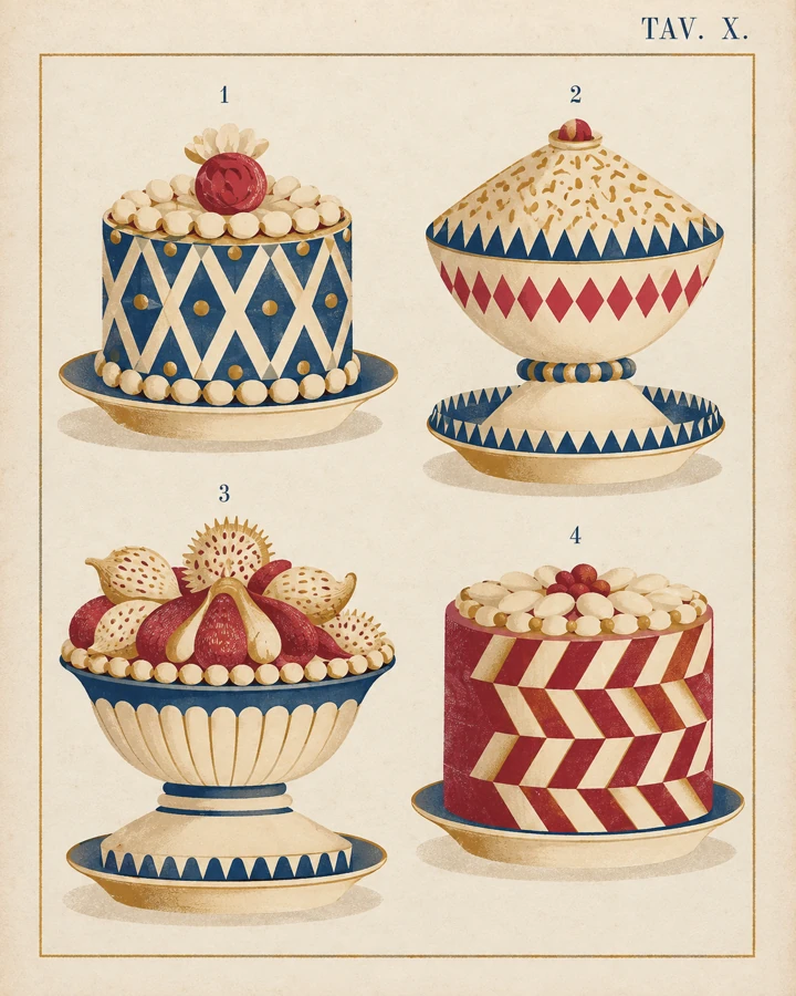 Tavola illustrata dei dolci del trattato di Vialardi